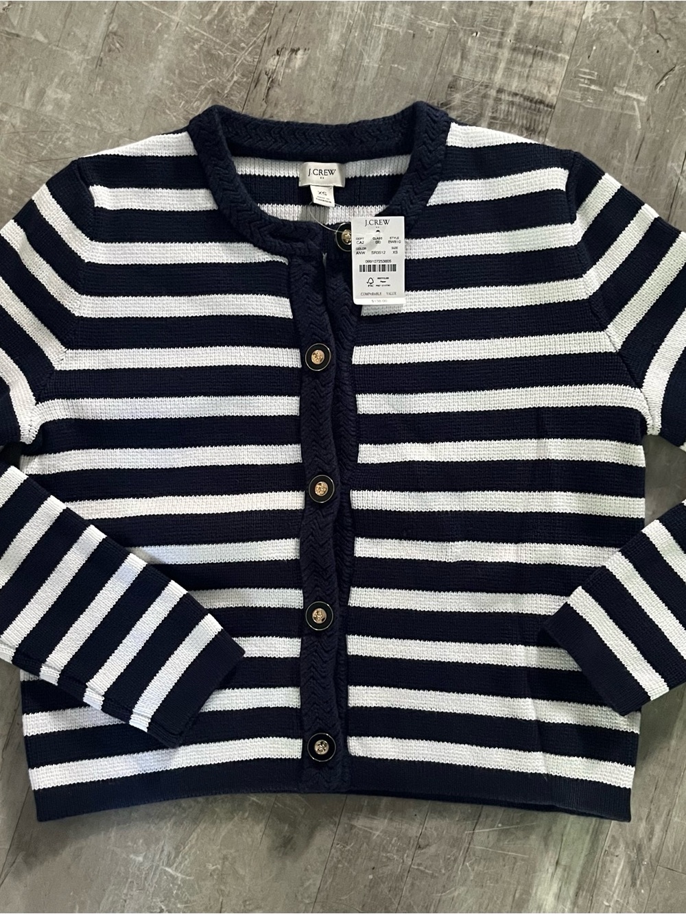 J. Crew Navy and White Striped Button-Front Cardigan Sz XS NWT - Picture 1 of 6